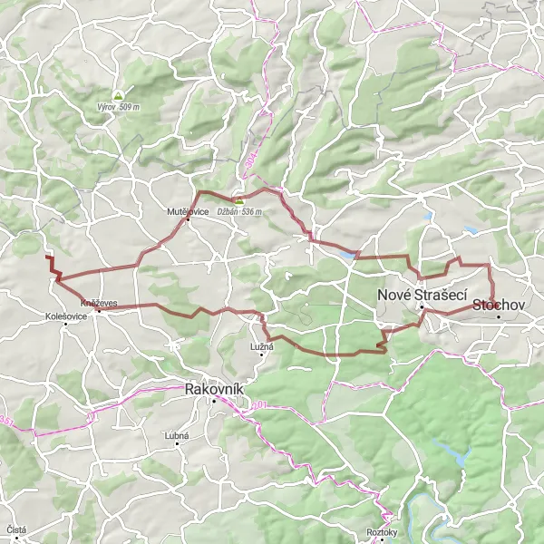 Map miniature of "Scenic Adventure: Pecínov to Stochov" cycling inspiration in Střední Čechy, Czech Republic. Generated by Tarmacs.app cycling route planner