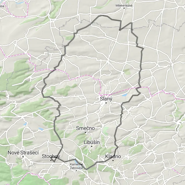 Map miniature of "Scenic Road Excursion through Střední Čechy" cycling inspiration in Střední Čechy, Czech Republic. Generated by Tarmacs.app cycling route planner