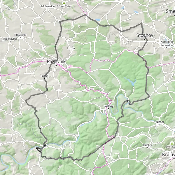 Miniaturní mapa "Okružní cyklotrasa Sýkořice - Leontýnský zámek - Velký vrch - Zvíkovec - Ovčácký vrch - Malinová - Samsonův dům - Žalý - Nové Strašecí - Stochov" inspirace pro cyklisty v oblasti Střední Čechy, Czech Republic. Vytvořeno pomocí plánovače tras Tarmacs.app