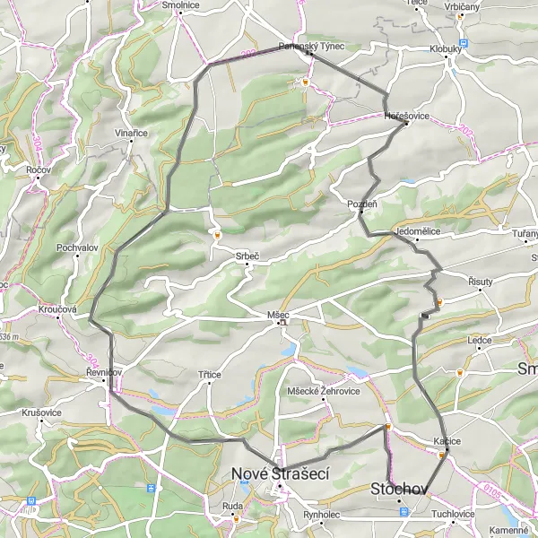 Miniaturní mapa "Cyklostezky Honicemi a Stochovem" inspirace pro cyklisty v oblasti Střední Čechy, Czech Republic. Vytvořeno pomocí plánovače tras Tarmacs.app