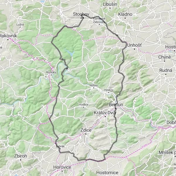 Miniaturní mapa "Cyklotrasa Srby - Jurkova jáma - Rozhledna Městská Hora - Bykoš - Otmíčská hora - Sedlec - Lipový vrch - Zbečno - Kobylí hlava - Stochov" inspirace pro cyklisty v oblasti Střední Čechy, Czech Republic. Vytvořeno pomocí plánovače tras Tarmacs.app