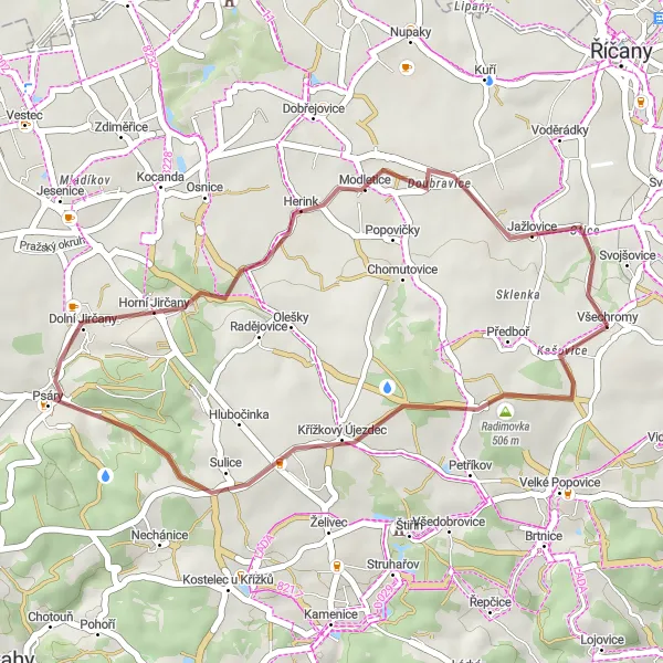 Miniaturní mapa "Gravelový okruh přes Křížkový Újezdec a Horní Jirčany" inspirace pro cyklisty v oblasti Střední Čechy, Czech Republic. Vytvořeno pomocí plánovače tras Tarmacs.app