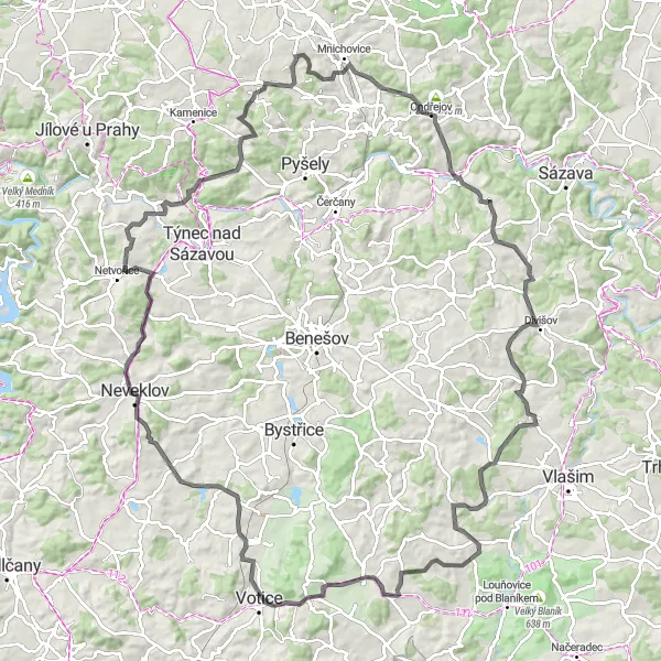 Miniaturní mapa "Výzva pro cestovatele na silnici" inspirace pro cyklisty v oblasti Střední Čechy, Czech Republic. Vytvořeno pomocí plánovače tras Tarmacs.app