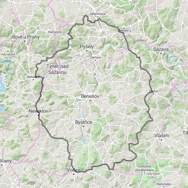 Karten-Miniaturansicht der Radinspiration "Epische Straßenfahrt durch Střední Čechy" in Střední Čechy, Czech Republic. Erstellt vom Tarmacs.app-Routenplaner für Radtouren