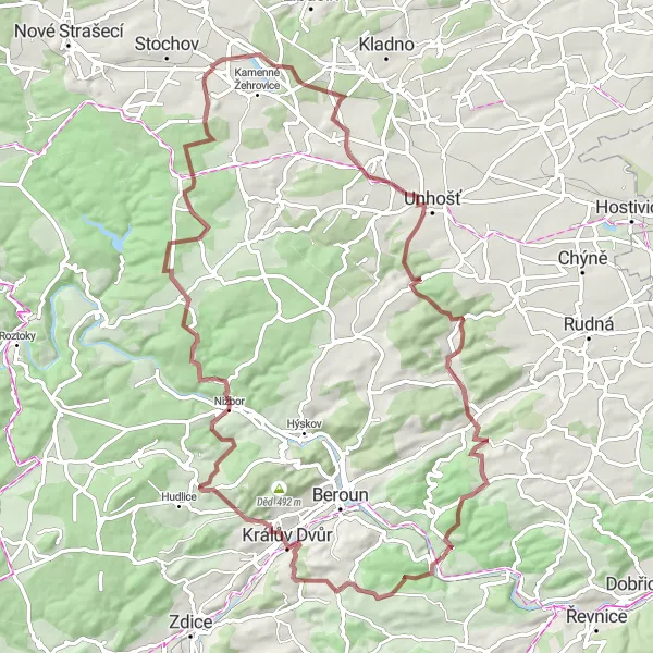 Map miniature of "Off-Road Excursion: Tuchlovice Adventure" cycling inspiration in Střední Čechy, Czech Republic. Generated by Tarmacs.app cycling route planner