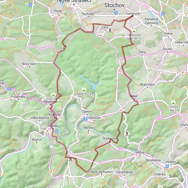 Map miniature of "Tuchlovice - Běleč - Lány Gravel Adventure" cycling inspiration in Střední Čechy, Czech Republic. Generated by Tarmacs.app cycling route planner