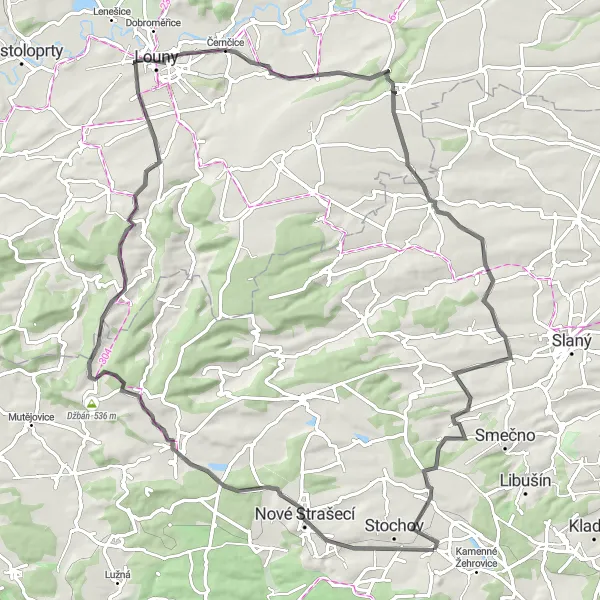 Map miniature of "Tuchlovice - Veltěže - Kačice Loop" cycling inspiration in Střední Čechy, Czech Republic. Generated by Tarmacs.app cycling route planner