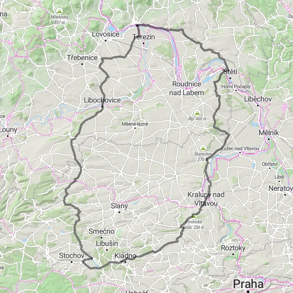 Map miniature of "Tuchlovice - Nová Studnice - Kamenné Žehrovice Loop" cycling inspiration in Střední Čechy, Czech Republic. Generated by Tarmacs.app cycling route planner