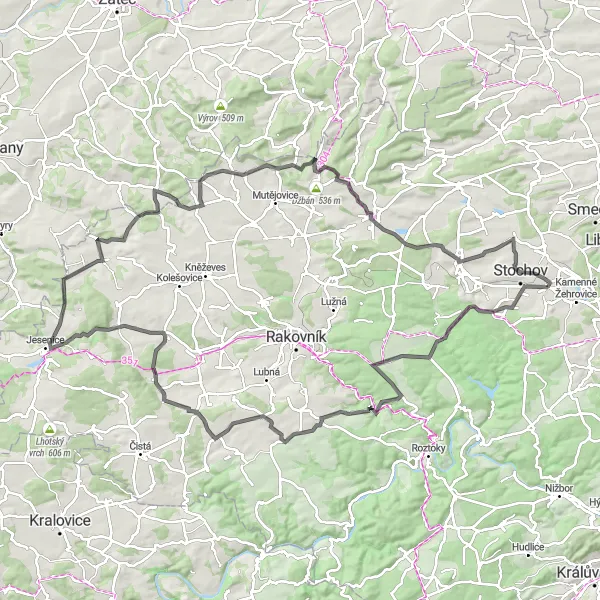 Map miniature of "Tuchlovice - Kobylí hlava - Kounov Loop" cycling inspiration in Střední Čechy, Czech Republic. Generated by Tarmacs.app cycling route planner