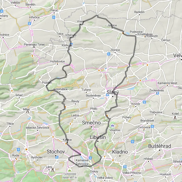 Map miniature of "The Scenic Road Adventure: Tuchlovice Circuit" cycling inspiration in Střední Čechy, Czech Republic. Generated by Tarmacs.app cycling route planner