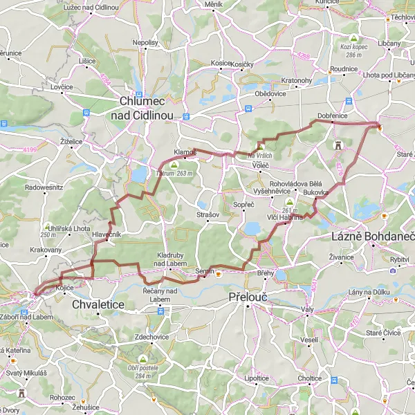 Mapa miniatúra "Gravel Labské Chrčice Circuit" cyklistická inšpirácia v Střední Čechy, Czech Republic. Vygenerované cyklistickým plánovačom trás Tarmacs.app