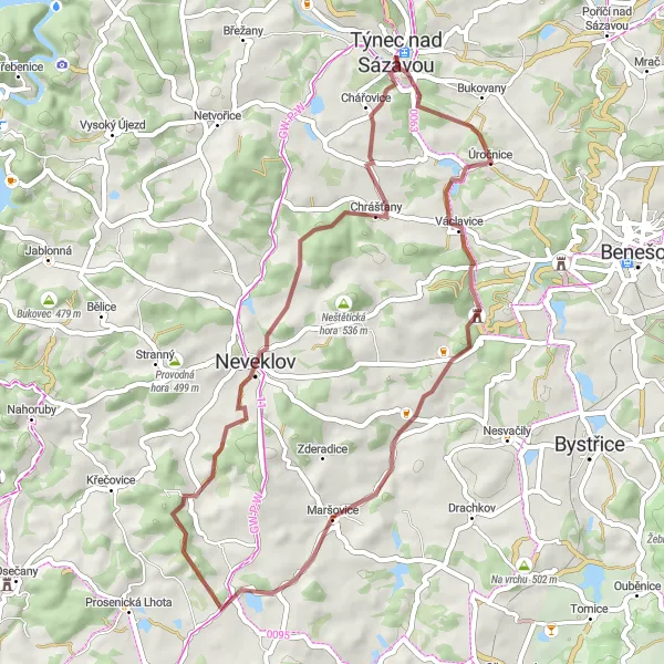 Mapa miniatúra "Gravelový okruh kolem Úročnice a Skalky" cyklistická inšpirácia v Střední Čechy, Czech Republic. Vygenerované cyklistickým plánovačom trás Tarmacs.app