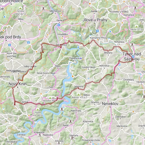 Miniaturní mapa "Gravel ruta kolem Týnce nad Sázavou" inspirace pro cyklisty v oblasti Střední Čechy, Czech Republic. Vytvořeno pomocí plánovače tras Tarmacs.app