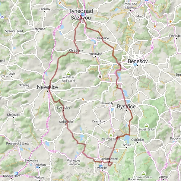 Miniaturní mapa "Gravel Bike Tour Úročnice - Týnec nad Sázavou" inspirace pro cyklisty v oblasti Střední Čechy, Czech Republic. Vytvořeno pomocí plánovače tras Tarmacs.app