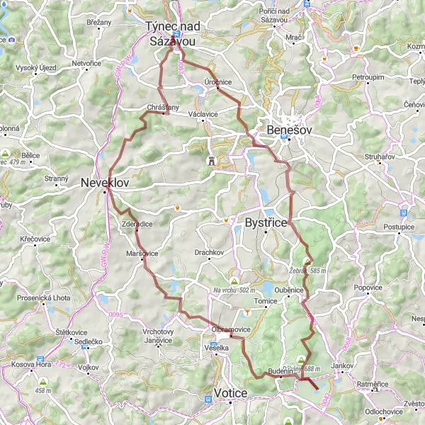 Miniatura mapy "Przyjemna trasa szutrowa z Týnca nad Sázavou" - trasy rowerowej w Střední Čechy, Czech Republic. Wygenerowane przez planer tras rowerowych Tarmacs.app