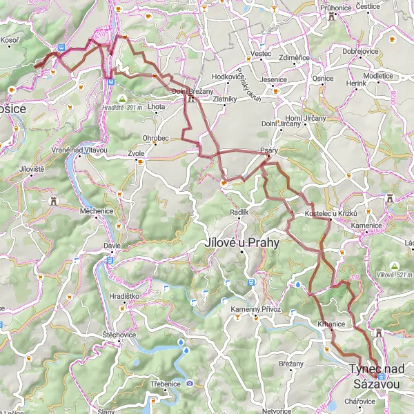Miniaturní mapa "Gravel Bike Tour Týnec nad Sázavou - Dolní Požáry" inspirace pro cyklisty v oblasti Střední Čechy, Czech Republic. Vytvořeno pomocí plánovače tras Tarmacs.app