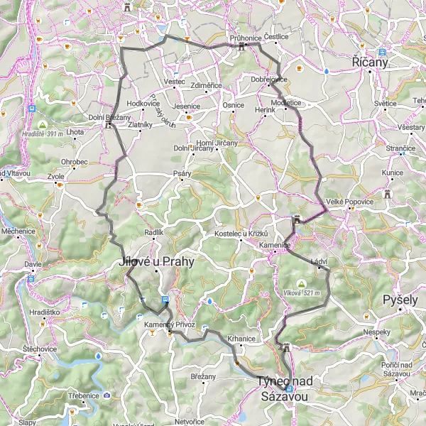 Miniaturní mapa "Road Route through the Hills near Týnec nad Sázavou" inspirace pro cyklisty v oblasti Střední Čechy, Czech Republic. Vytvořeno pomocí plánovače tras Tarmacs.app