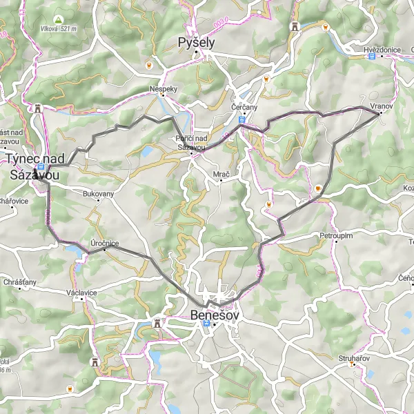Miniaturní mapa "Road Route around Týnec nad Sázavou and Surroundings" inspirace pro cyklisty v oblasti Střední Čechy, Czech Republic. Vytvořeno pomocí plánovače tras Tarmacs.app