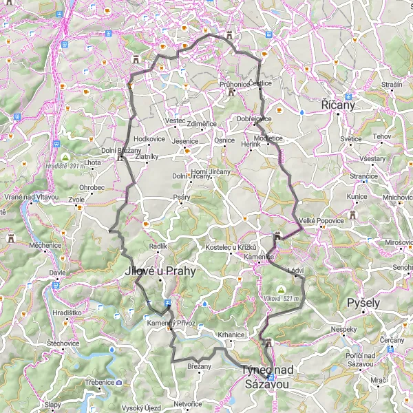 Mapa miniatúra "Cyklotrasa Žampach - Týnec nad Sázavou" cyklistická inšpirácia v Střední Čechy, Czech Republic. Vygenerované cyklistickým plánovačom trás Tarmacs.app