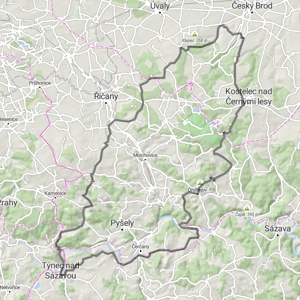 Map miniature of "Týnec nad Sázavou - Lutov road round trip" cycling inspiration in Střední Čechy, Czech Republic. Generated by Tarmacs.app cycling route planner