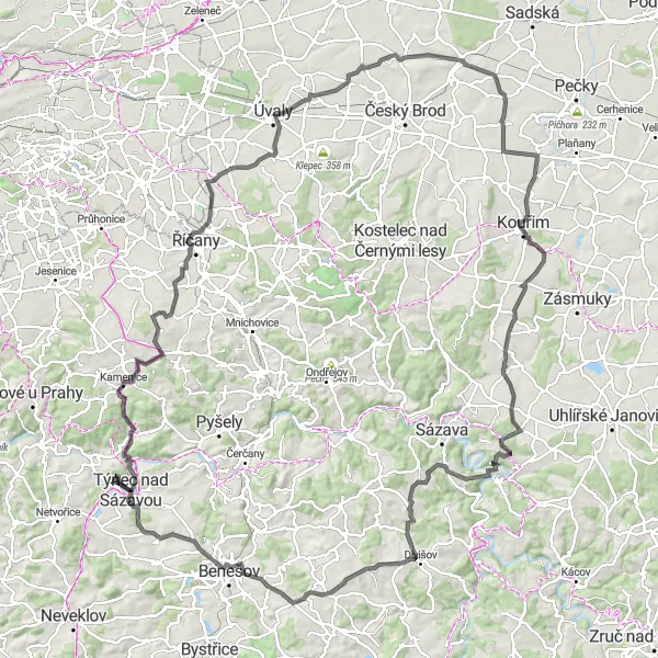 Miniaturní mapa "Okružní cyklistická trasa od Týnce nad Sázavou" inspirace pro cyklisty v oblasti Střední Čechy, Czech Republic. Vytvořeno pomocí plánovače tras Tarmacs.app