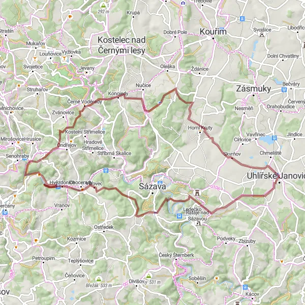 Miniaturní mapa "Trasa Bělokozly - Uhlířské Janovice" inspirace pro cyklisty v oblasti Střední Čechy, Czech Republic. Vytvořeno pomocí plánovače tras Tarmacs.app