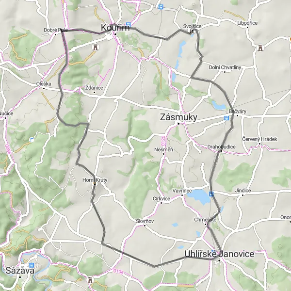 Miniaturní mapa "Kola k Horním Krutům a zpět" inspirace pro cyklisty v oblasti Střední Čechy, Czech Republic. Vytvořeno pomocí plánovače tras Tarmacs.app