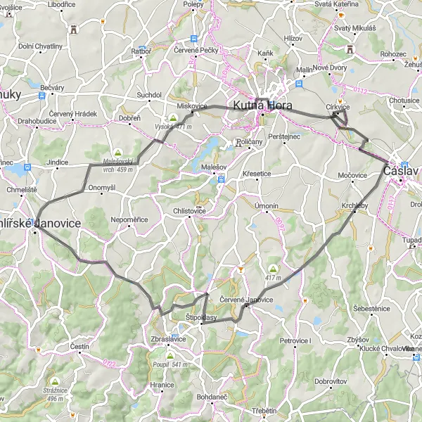 Miniaturní mapa "Silniční trasa kolem Uhlířských Janovic" inspirace pro cyklisty v oblasti Střední Čechy, Czech Republic. Vytvořeno pomocí plánovače tras Tarmacs.app