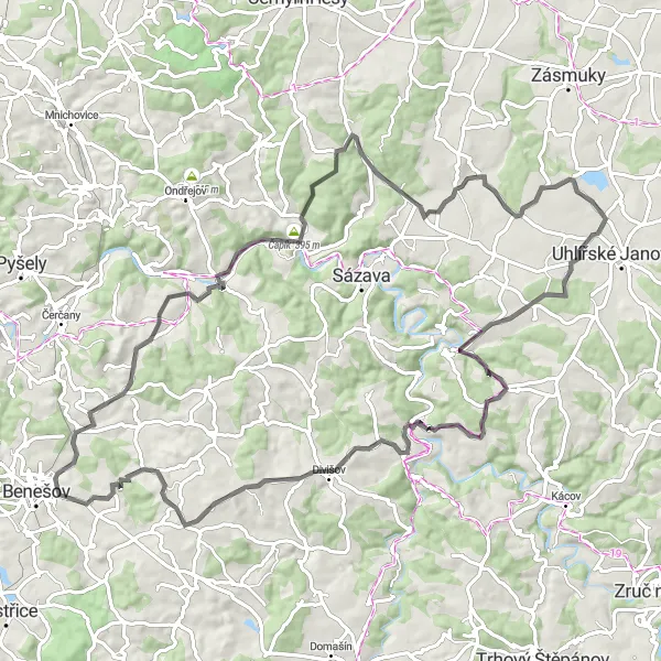 Miniaturní mapa "Trasa Ježovice - Chmeliště" inspirace pro cyklisty v oblasti Střední Čechy, Czech Republic. Vytvořeno pomocí plánovače tras Tarmacs.app