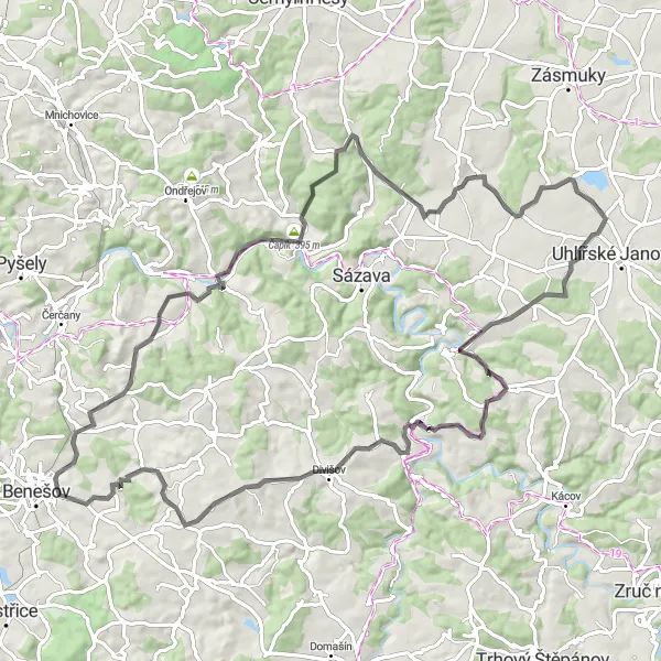 Mapa miniatúra "Okružná cyklistická trasa cez Uhlířské Janovice" cyklistická inšpirácia v Střední Čechy, Czech Republic. Vygenerované cyklistickým plánovačom trás Tarmacs.app