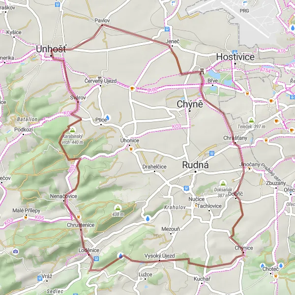 Map miniature of "Around Unhošť and the Skládka Dump" cycling inspiration in Střední Čechy, Czech Republic. Generated by Tarmacs.app cycling route planner