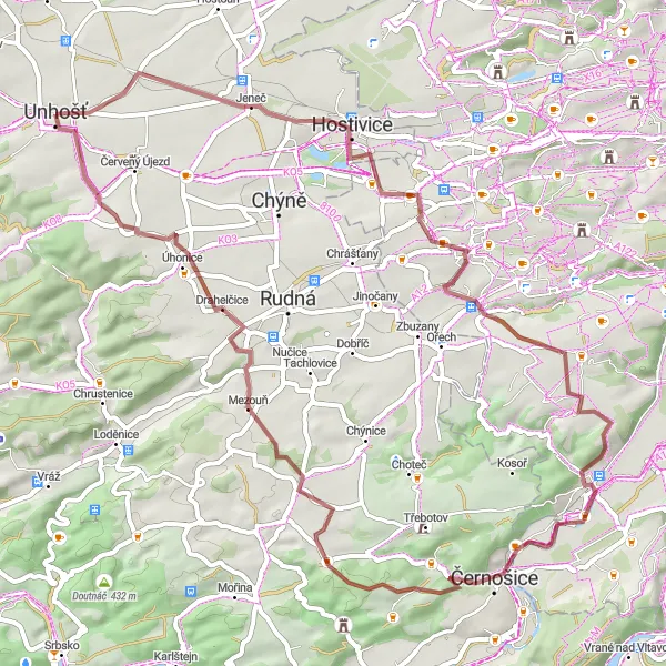 Map miniature of "Gravel Adventure through Teleček and Černošice" cycling inspiration in Střední Čechy, Czech Republic. Generated by Tarmacs.app cycling route planner