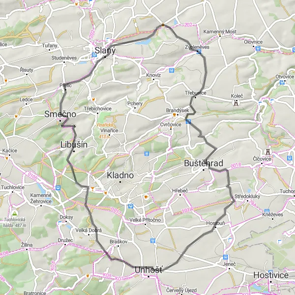 Map miniature of "Unhošť Road Adventure" cycling inspiration in Střední Čechy, Czech Republic. Generated by Tarmacs.app cycling route planner