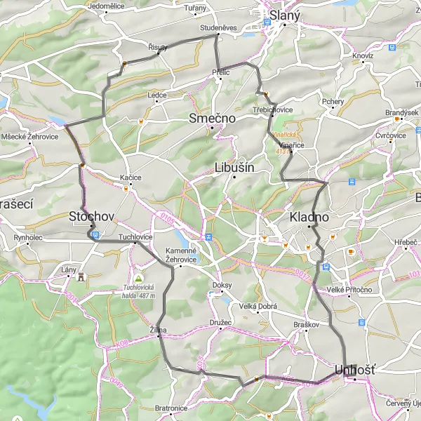 Map miniature of "Unhošť Road Loop" cycling inspiration in Střední Čechy, Czech Republic. Generated by Tarmacs.app cycling route planner