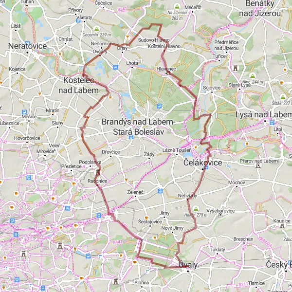 Mapa miniatúra "Gravel okruh cez Polerady a Nehvizdy" cyklistická inšpirácia v Střední Čechy, Czech Republic. Vygenerované cyklistickým plánovačom trás Tarmacs.app