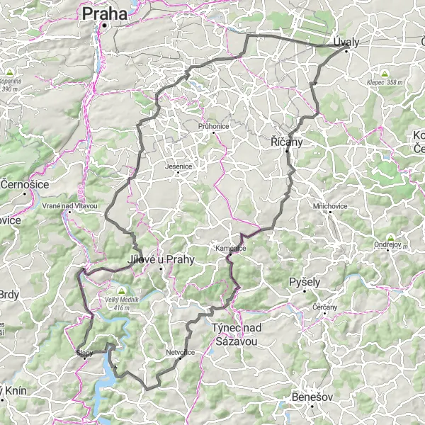 Mapa miniatúra "Dobročovice - Štiřín - Netvořice - Kordův vrch - Petrov - Ďábel - Kunratice - Roztylská vyhlídka - Kostelík - Úvaly" cyklistická inšpirácia v Střední Čechy, Czech Republic. Vygenerované cyklistickým plánovačom trás Tarmacs.app