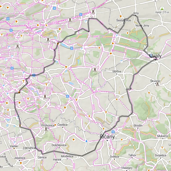 Mapa miniatúra "Počernický rytier" cyklistická inšpirácia v Střední Čechy, Czech Republic. Vygenerované cyklistickým plánovačom trás Tarmacs.app