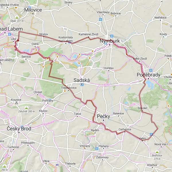 Map miniature of "Gravel Adventure: Velim to Sokoleč" cycling inspiration in Střední Čechy, Czech Republic. Generated by Tarmacs.app cycling route planner