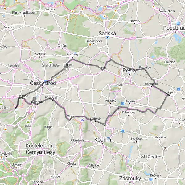 Miniaturní mapa "Velim - Ratenice Tour" inspirace pro cyklisty v oblasti Střední Čechy, Czech Republic. Vytvořeno pomocí plánovače tras Tarmacs.app