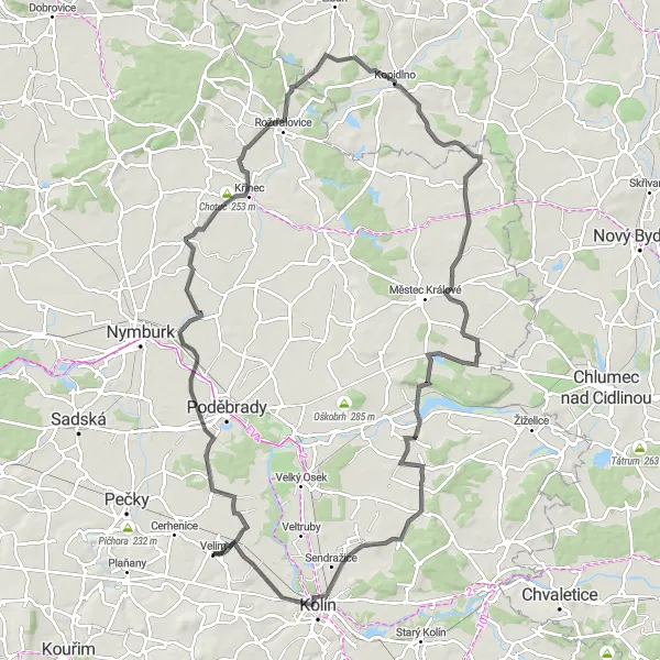 Mapa miniatúra "Silniční okruh kolem Velimu a okolí 2" cyklistická inšpirácia v Střední Čechy, Czech Republic. Vygenerované cyklistickým plánovačom trás Tarmacs.app