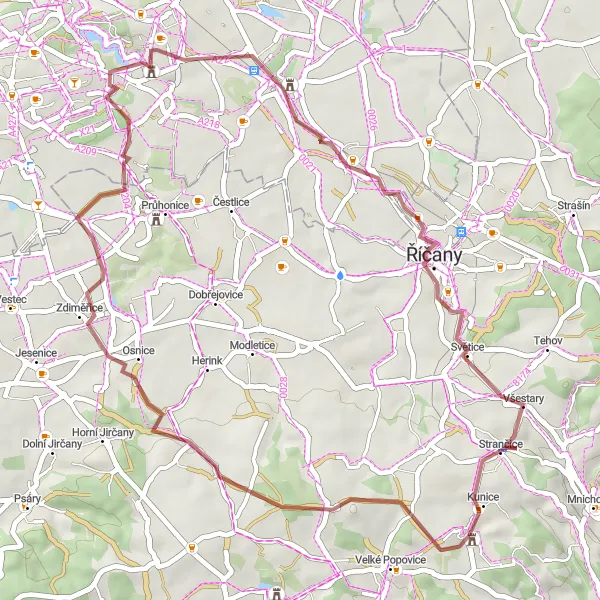 Miniaturní mapa "Gravel okruh skrz Olešky a Kozinec" inspirace pro cyklisty v oblasti Střední Čechy, Czech Republic. Vytvořeno pomocí plánovače tras Tarmacs.app