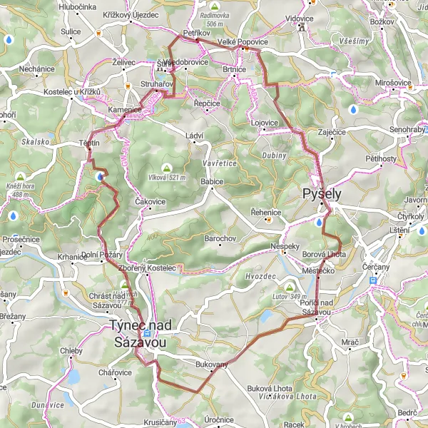 Miniaturní mapa "Velké Popovice - Gravel Trail" inspirace pro cyklisty v oblasti Střední Čechy, Czech Republic. Vytvořeno pomocí plánovače tras Tarmacs.app