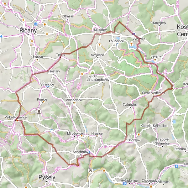 Miniaturní mapa "Gravel Ruta přes Všechromy a Černé Voděrady" inspirace pro cyklisty v oblasti Střední Čechy, Czech Republic. Vytvořeno pomocí plánovače tras Tarmacs.app