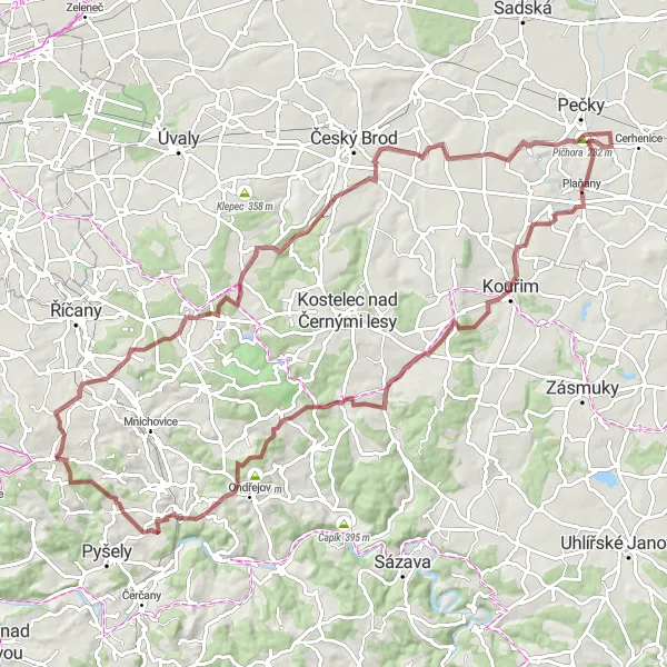 Miniaturní mapa "Gravel Biking Adventure" inspirace pro cyklisty v oblasti Střední Čechy, Czech Republic. Vytvořeno pomocí plánovače tras Tarmacs.app