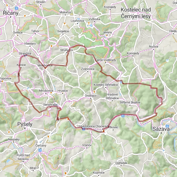 Mapa miniatúra "Gravelová trasa Vidovice - Kovářovice" cyklistická inšpirácia v Střední Čechy, Czech Republic. Vygenerované cyklistickým plánovačom trás Tarmacs.app