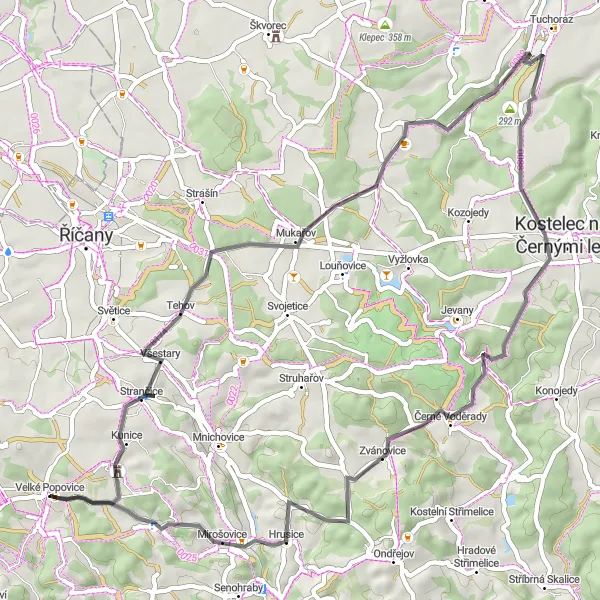 Map miniature of "Velké Popovice - Bartošky - Vidovice - Mukařov - Bohumil - Dolní Lomnice" cycling inspiration in Střední Čechy, Czech Republic. Generated by Tarmacs.app cycling route planner