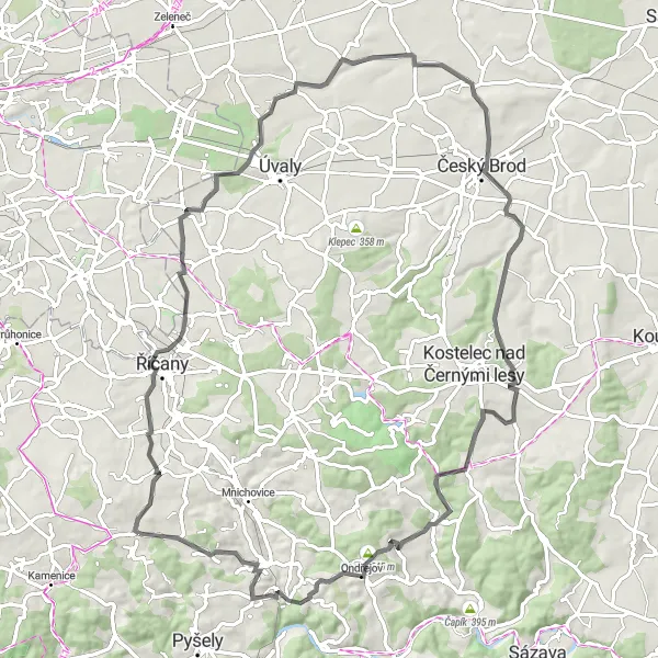 Miniaturní mapa "Velké Popovice - Cyklostezka" inspirace pro cyklisty v oblasti Střední Čechy, Czech Republic. Vytvořeno pomocí plánovače tras Tarmacs.app