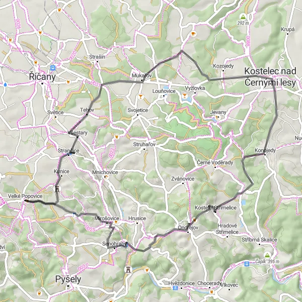 Map miniature of "Velké Popovice - Bartošky - Vidovice - Štíhlice - Rozhledna - Kostelní Střimelice - Dolní Lomnice" cycling inspiration in Střední Čechy, Czech Republic. Generated by Tarmacs.app cycling route planner
