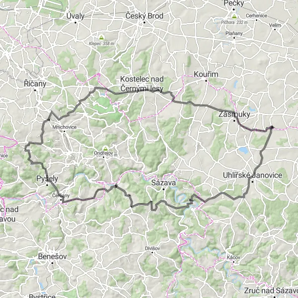 Map miniature of "The Scenic Road Adventure" cycling inspiration in Střední Čechy, Czech Republic. Generated by Tarmacs.app cycling route planner