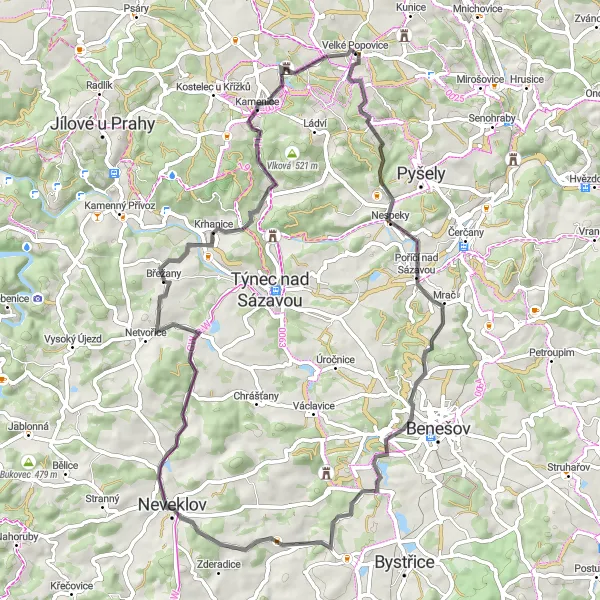 Map miniature of "The Countryside Road Loop" cycling inspiration in Střední Čechy, Czech Republic. Generated by Tarmacs.app cycling route planner